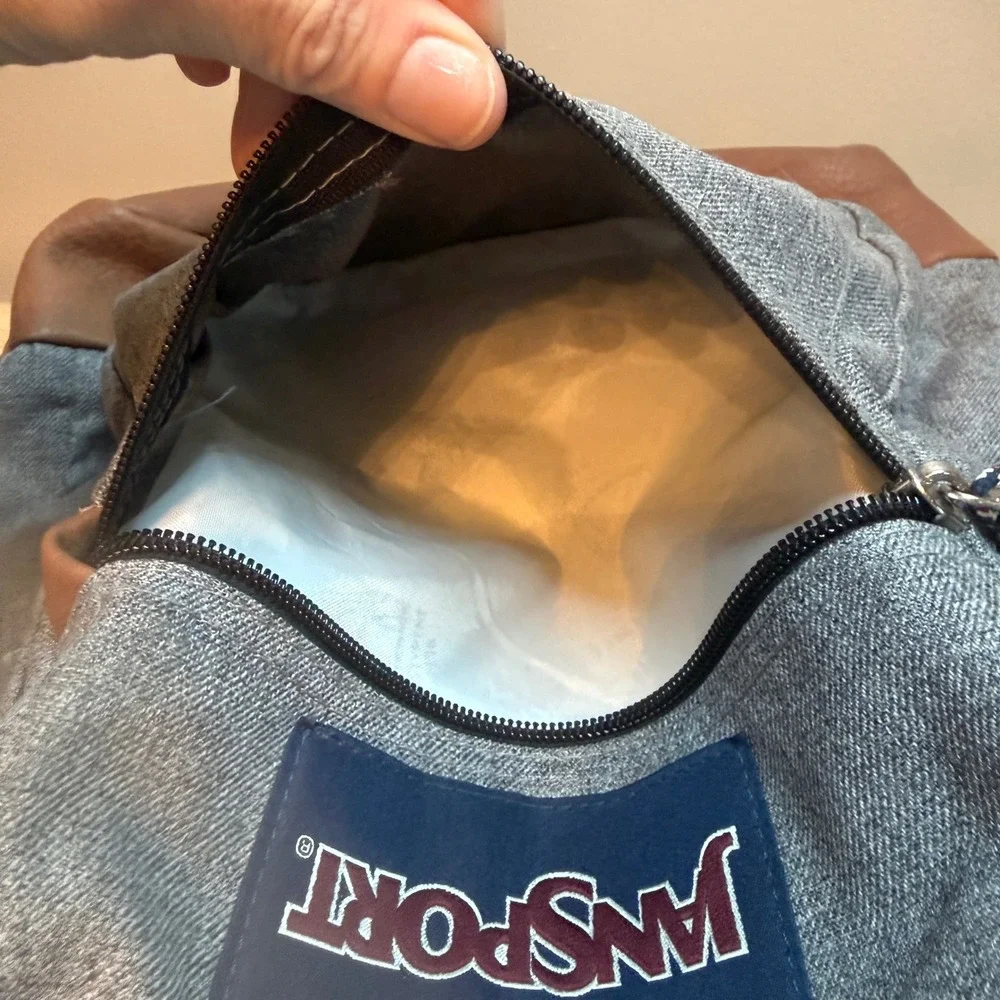 JanSport Cool Student Backpack Heathered Grey Brown Faux Leather Laptop Bag 34L